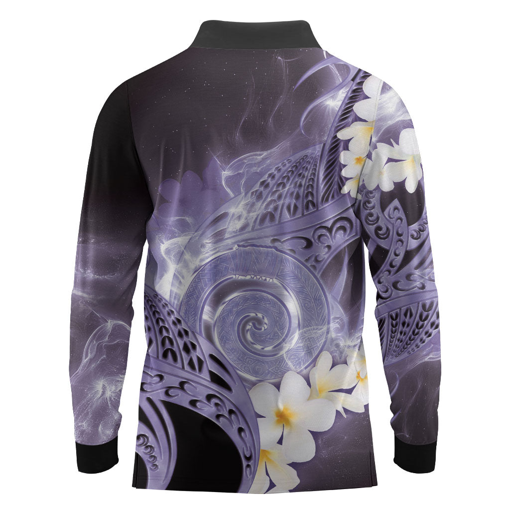 Piko Hawaiian Long Sleeve Polo Shirt Purple Galaxy Spiral Plumeria Tribal Patterns
