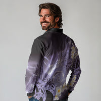 Piko Hawaiian Long Sleeve Polo Shirt Purple Galaxy Spiral Plumeria Tribal Patterns