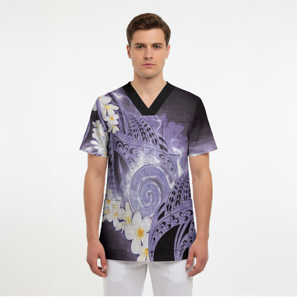 Piko Hawaiian Scrub Top Purple Galaxy Spiral Plumeria Tribal Patterns