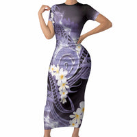 Piko Hawaiian Short Sleeve Bodycon Dress Purple Galaxy Spiral Plumeria Tribal Patterns