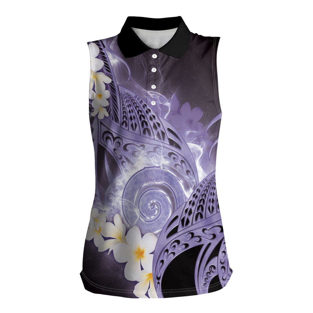 Piko Hawaiian Women Sleeveless Polo Shirt Purple Galaxy Spiral Plumeria Tribal Patterns