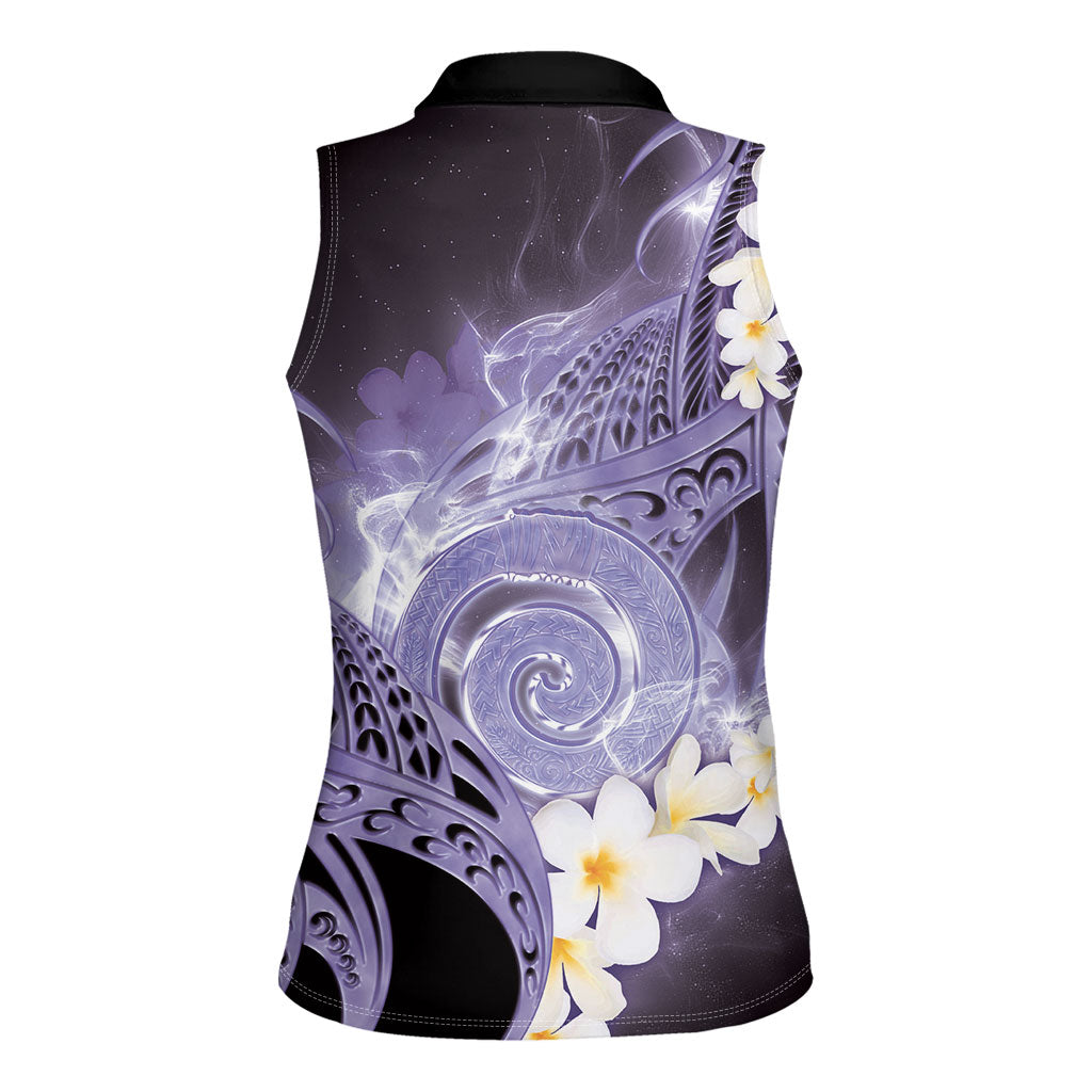 Piko Hawaiian Women Sleeveless Polo Shirt Purple Galaxy Spiral Plumeria Tribal Patterns