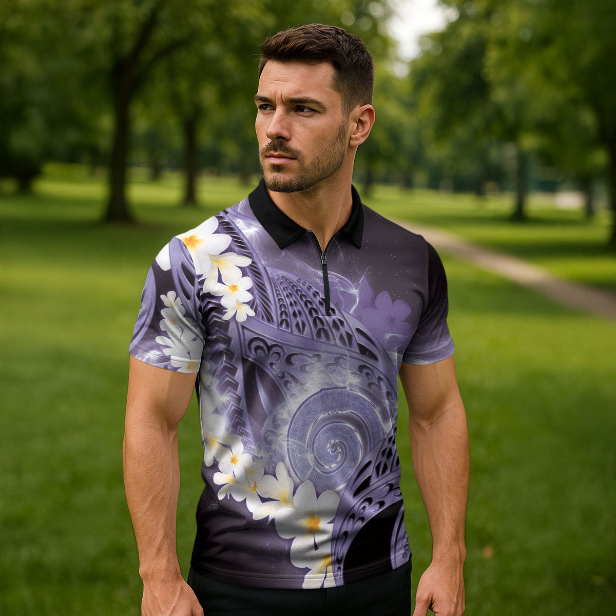 Piko Hawaiian Zipper Polo Shirt Purple Galaxy Spiral Plumeria Tribal Patterns