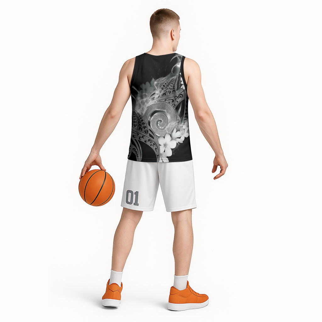 Piko Hawaiian Basketball Jersey Monochrome Galaxy Spiral Plumeria Tribal Patterns