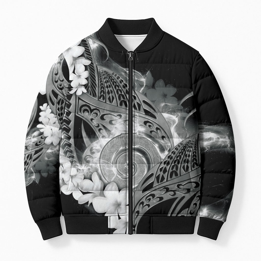 Piko Hawaiian Bomber Puffer Jacket Monochrome Galaxy Spiral Plumeria Tribal Patterns DT05 Unisex Black - Polynesian Pride