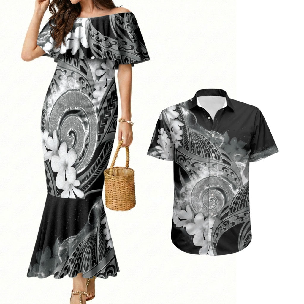 Piko Hawaiian Couples Matching Mermaid Dress and Hawaiian Shirt Monochrome Galaxy Spiral Plumeria Tribal Patterns