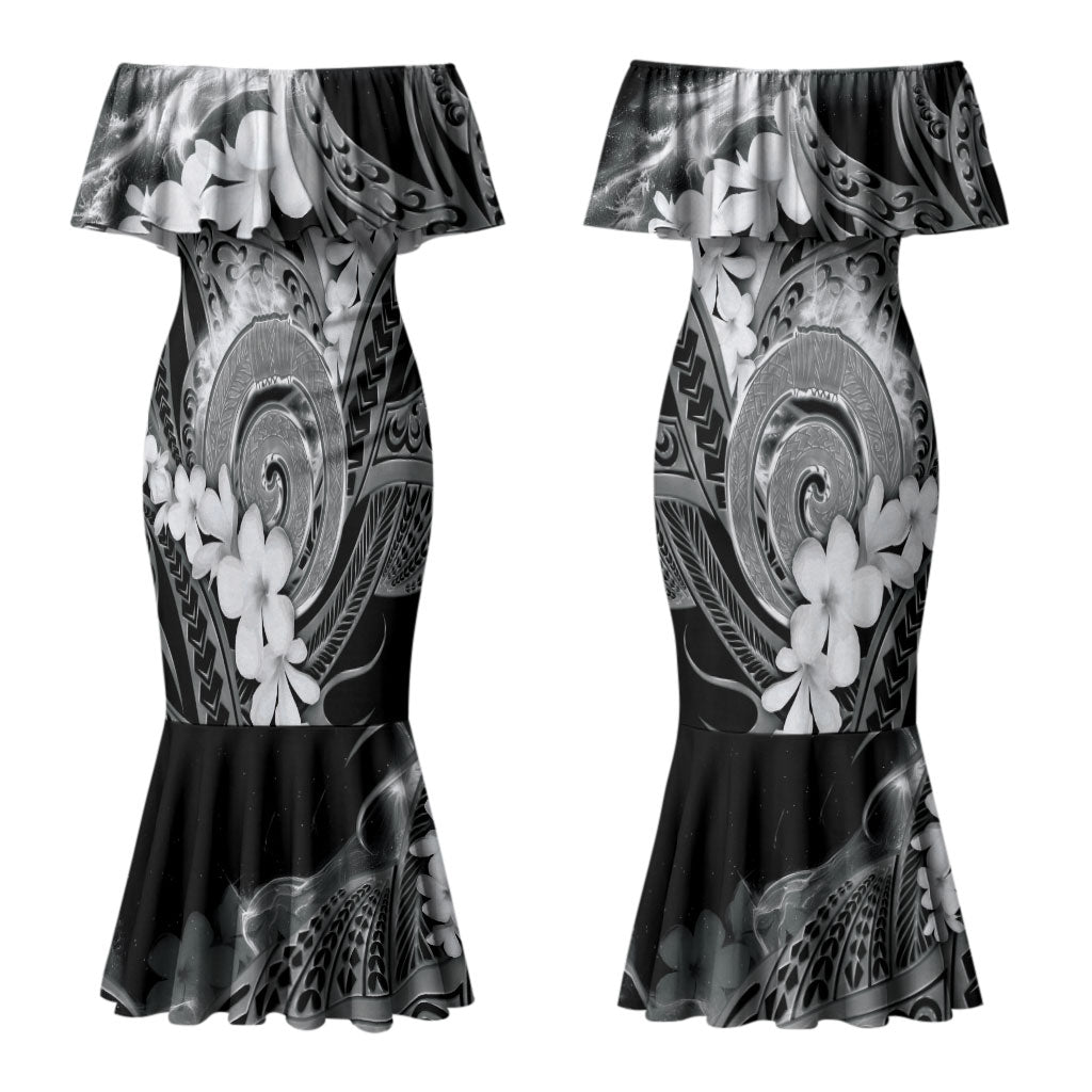 Piko Hawaiian Couples Matching Mermaid Dress and Hawaiian Shirt Monochrome Galaxy Spiral Plumeria Tribal Patterns