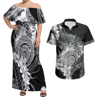Piko Hawaiian Couples Matching Off Shoulder Maxi Dress and Hawaiian Shirt Monochrome Galaxy Spiral Plumeria Tribal Patterns