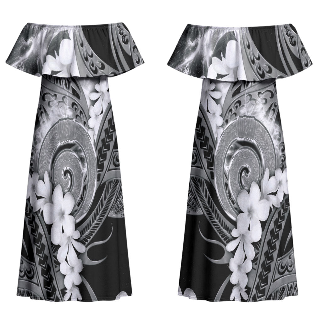 Piko Hawaiian Couples Matching Off Shoulder Maxi Dress and Hawaiian Shirt Monochrome Galaxy Spiral Plumeria Tribal Patterns