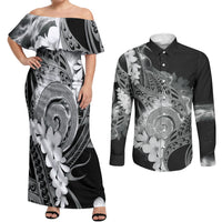 Piko Hawaiian Couples Matching Off Shoulder Maxi Dress and Long Sleeve Button Shirt Monochrome Galaxy Spiral Plumeria Tribal Patterns