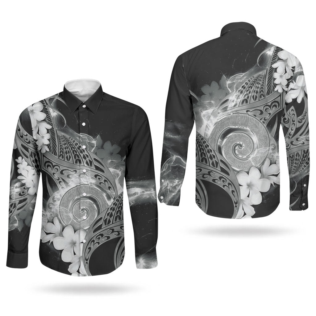 Piko Hawaiian Couples Matching Off Shoulder Maxi Dress and Long Sleeve Button Shirt Monochrome Galaxy Spiral Plumeria Tribal Patterns