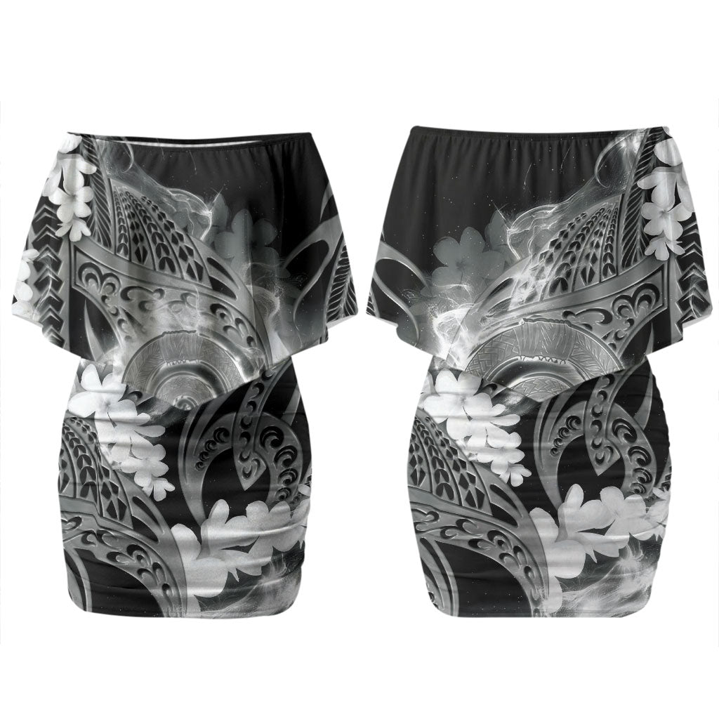 Piko Hawaiian Couples Matching Off Shoulder Short Dress and Hawaiian Shirt Monochrome Galaxy Spiral Plumeria Tribal Patterns