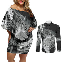 Piko Hawaiian Couples Matching Off Shoulder Short Dress and Long Sleeve Button Shirt Monochrome Galaxy Spiral Plumeria Tribal Patterns