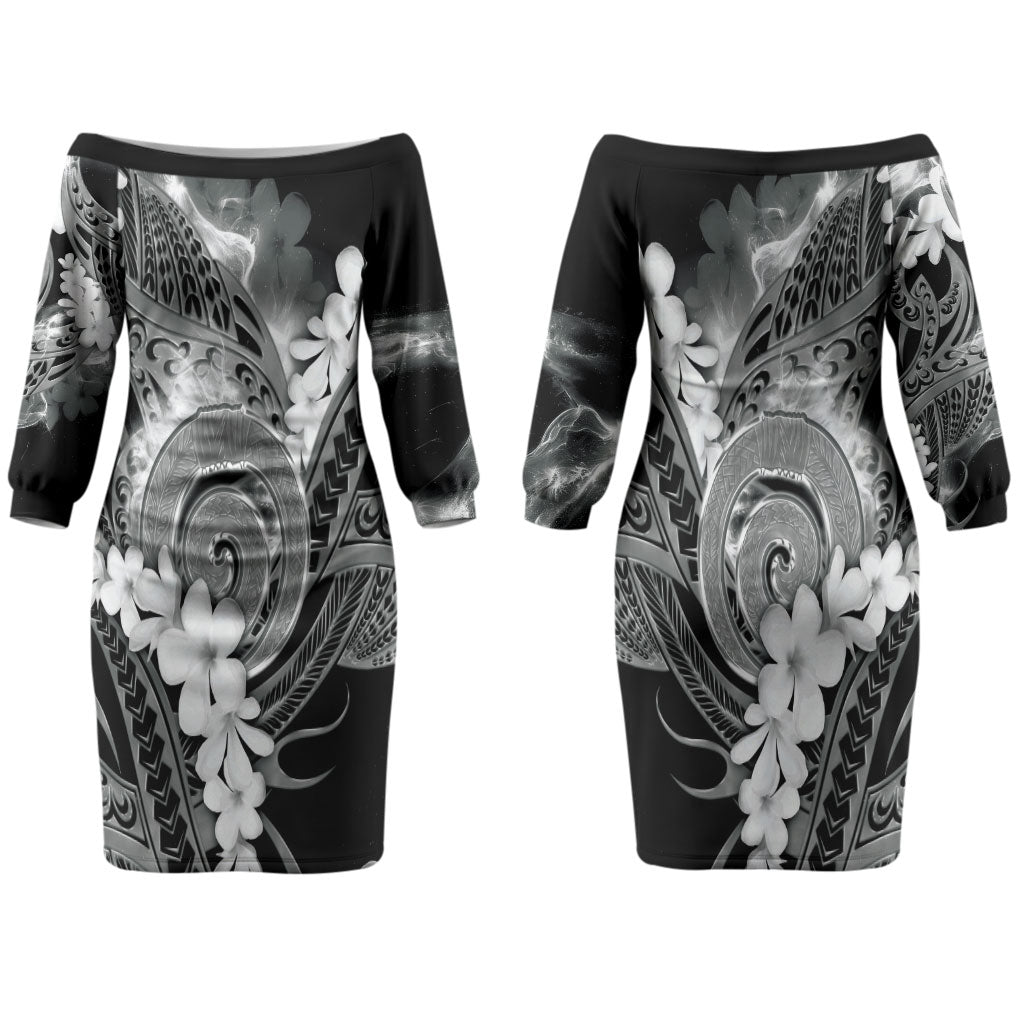 Piko Hawaiian Couples Matching Off The Shoulder Long Sleeve Dress and Hawaiian Shirt Monochrome Galaxy Spiral Plumeria Tribal Patterns