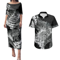 Piko Hawaiian Couples Matching Puletasi and Hawaiian Shirt Monochrome Galaxy Spiral Plumeria Tribal Patterns