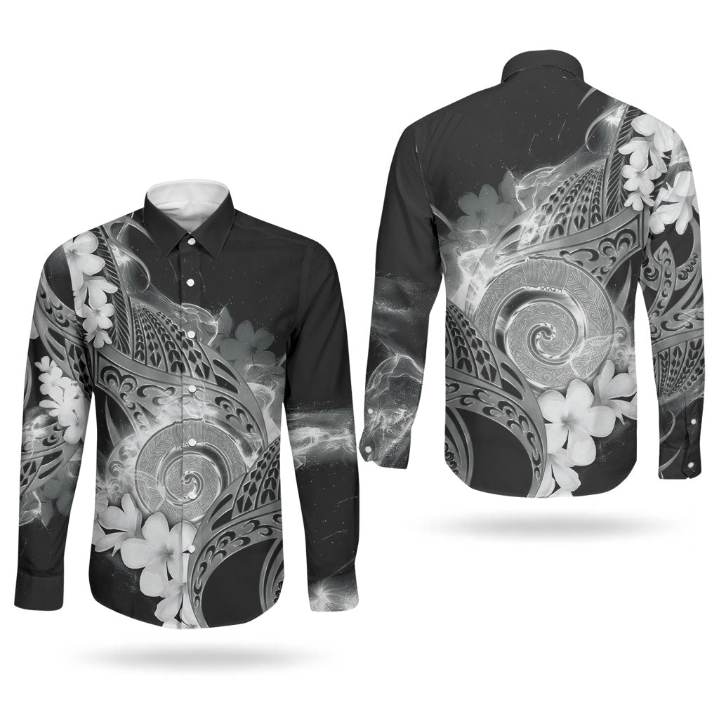 Piko Hawaiian Couples Matching Puletasi and Long Sleeve Button Shirt Monochrome Galaxy Spiral Plumeria Tribal Patterns
