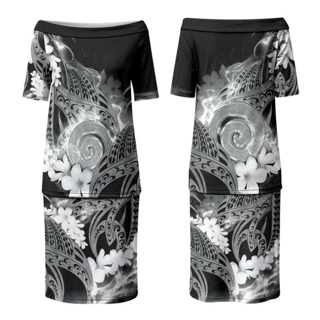 Piko Hawaiian Couples Matching Puletasi and Long Sleeve Button Shirt Monochrome Galaxy Spiral Plumeria Tribal Patterns