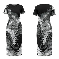 Piko Hawaiian Couples Matching Short Sleeve Bodycon Dress and Long Sleeve Button Shirt Monochrome Galaxy Spiral Plumeria Tribal Patterns