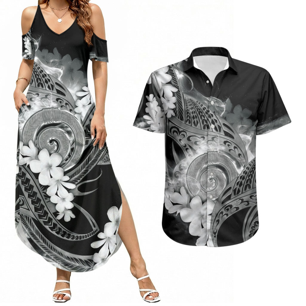 Piko Hawaiian Couples Matching Summer Maxi Dress and Hawaiian Shirt Monochrome Galaxy Spiral Plumeria Tribal Patterns