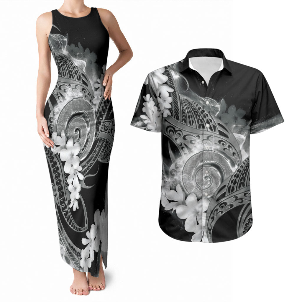 Piko Hawaiian Couples Matching Tank Maxi Dress and Hawaiian Shirt Monochrome Galaxy Spiral Plumeria Tribal Patterns
