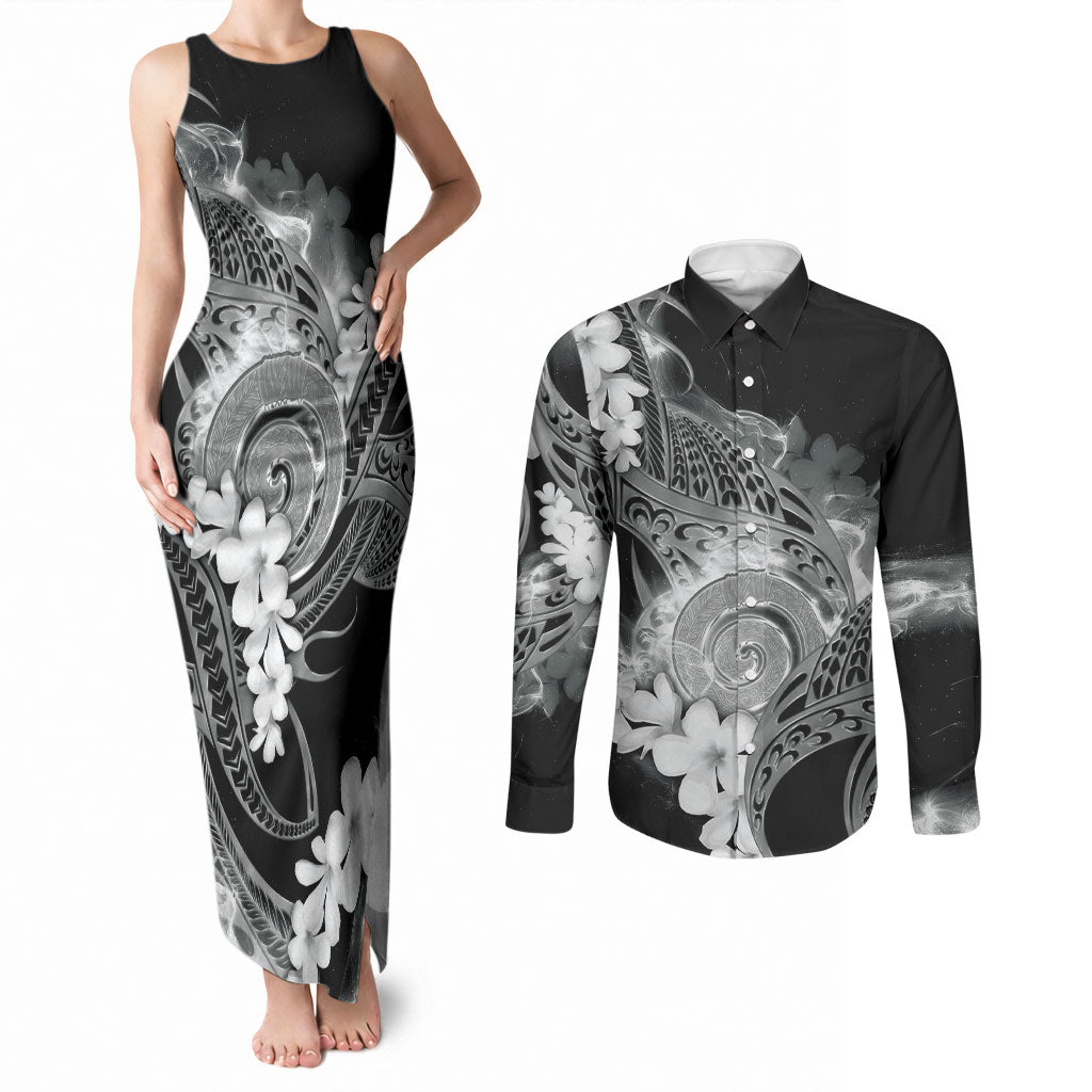 Piko Hawaiian Couples Matching Tank Maxi Dress and Long Sleeve Button Shirt Monochrome Galaxy Spiral Plumeria Tribal Patterns