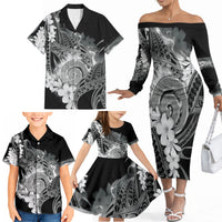 Piko Hawaiian Family Matching Off The Shoulder Long Sleeve Dress and Hawaiian Shirt Monochrome Galaxy Spiral Plumeria Tribal Patterns