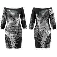 Piko Hawaiian Family Matching Off The Shoulder Long Sleeve Dress and Hawaiian Shirt Monochrome Galaxy Spiral Plumeria Tribal Patterns