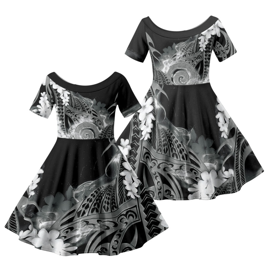 Piko Hawaiian Family Matching Off Shoulder Maxi Dress and Hawaiian Shirt Monochrome Galaxy Spiral Plumeria Tribal Patterns