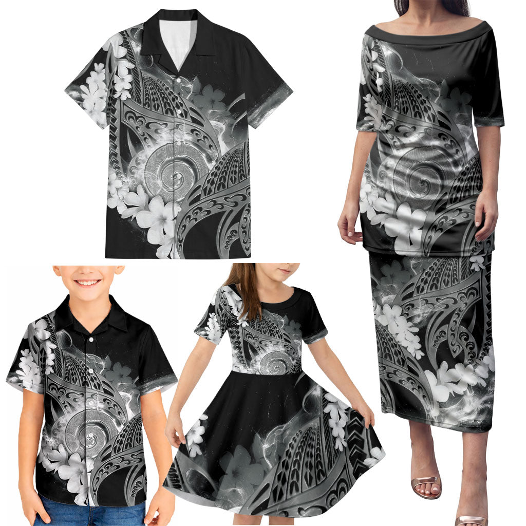 Piko Hawaiian Family Matching Puletasi and Hawaiian Shirt Monochrome Galaxy Spiral Plumeria Tribal Patterns