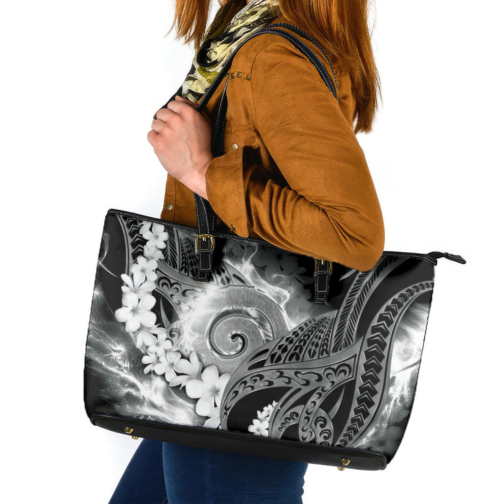 Piko Hawaiian Leather Tote Bag Monochrome Galaxy Spiral Plumeria Tribal Patterns