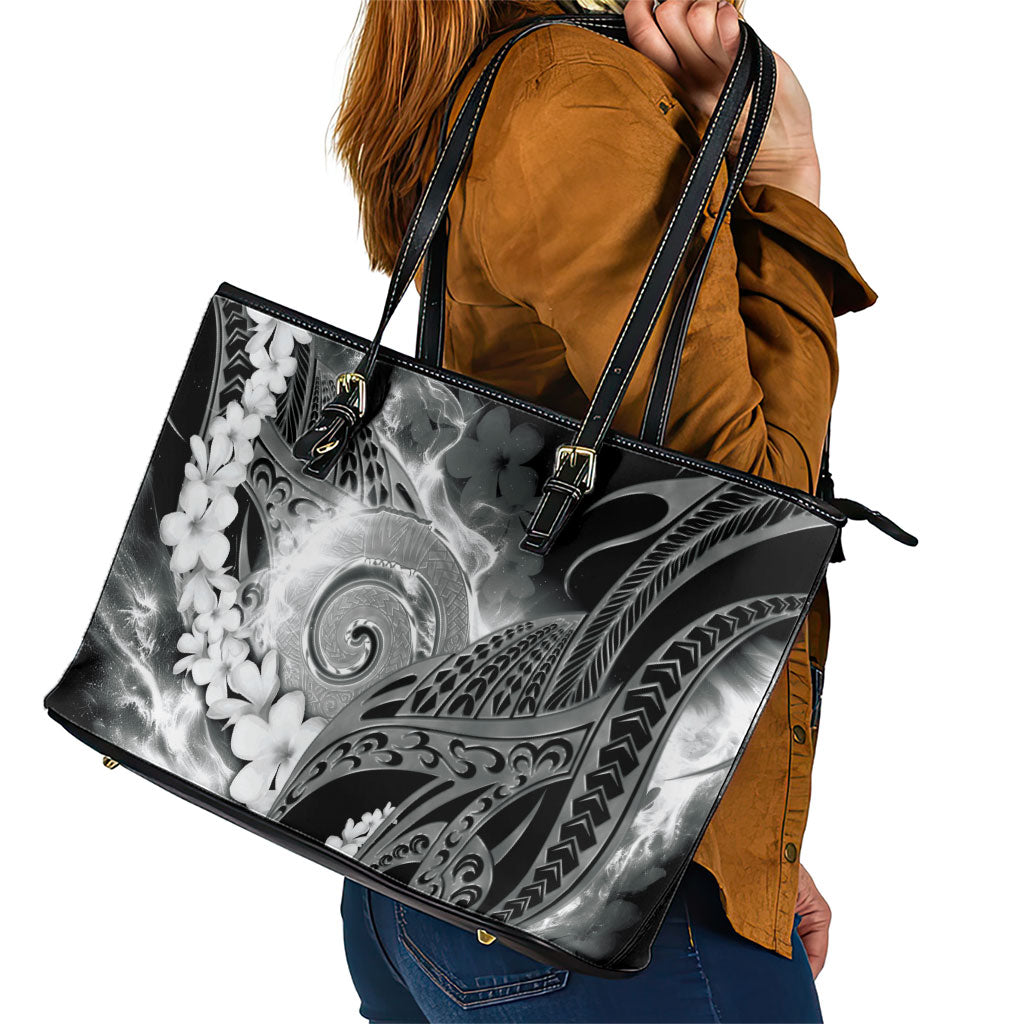 Piko Hawaiian Leather Tote Bag Monochrome Galaxy Spiral Plumeria Tribal Patterns