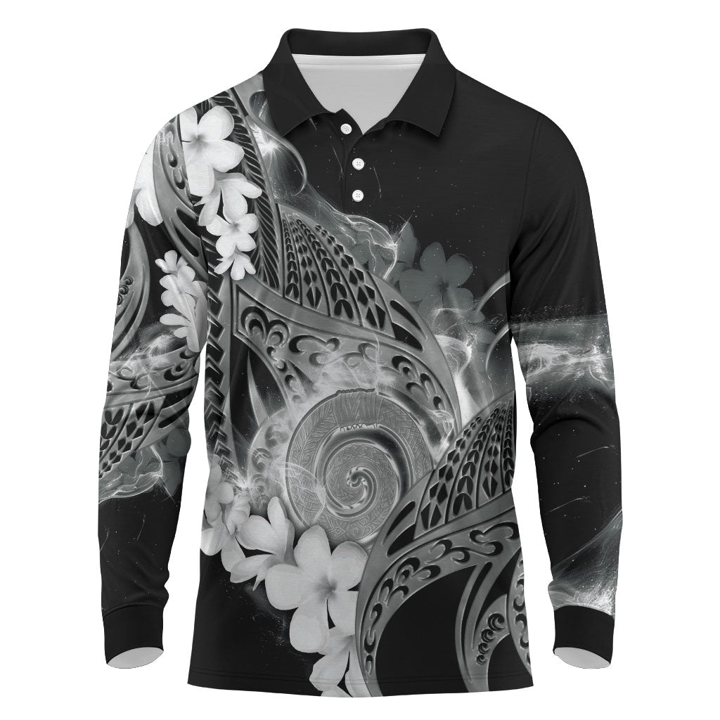 Piko Hawaiian Long Sleeve Polo Shirt Monochrome Galaxy Spiral Plumeria Tribal Patterns