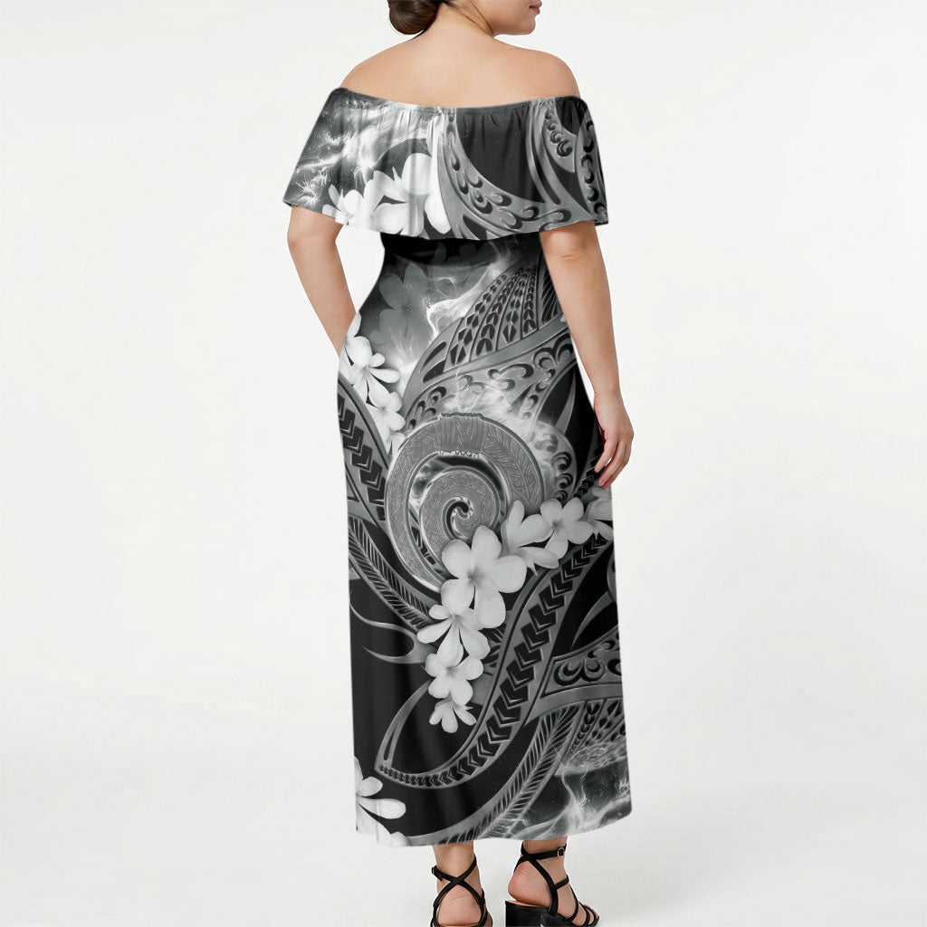 Piko Hawaiian Off Shoulder Maxi Dress Monochrome Galaxy Spiral Plumeria Tribal Patterns