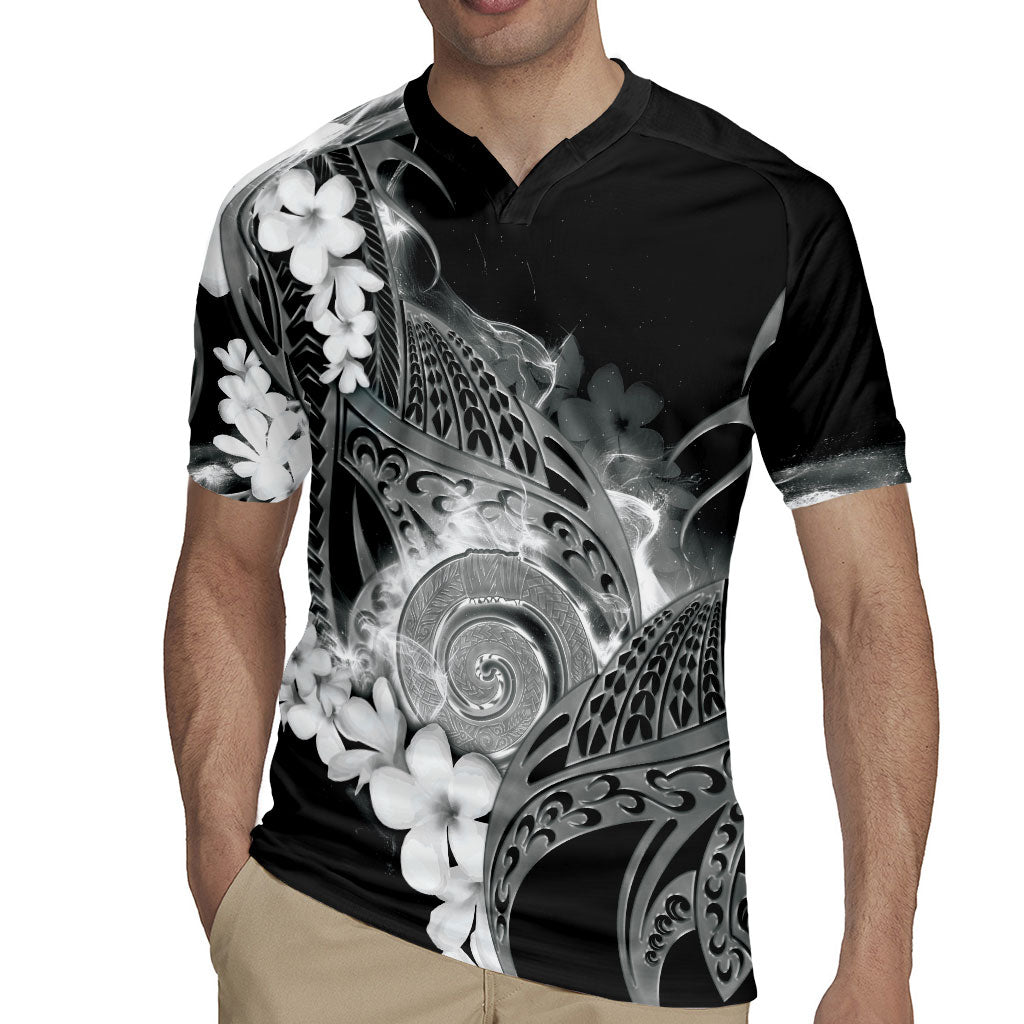 Piko Hawaiian Rugby Jersey Monochrome Galaxy Spiral Plumeria Tribal Patterns