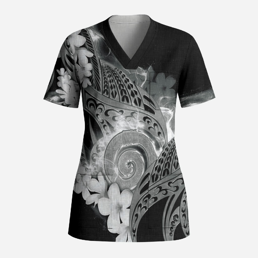 Piko Hawaiian Scrub Top Monochrome Galaxy Spiral Plumeria Tribal Patterns