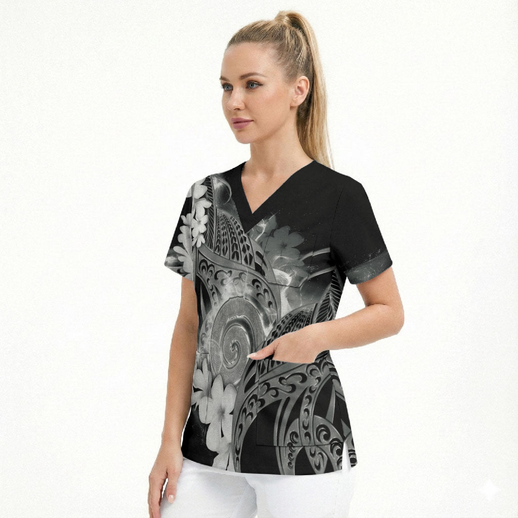 Piko Hawaiian Scrub Top Monochrome Galaxy Spiral Plumeria Tribal Patterns
