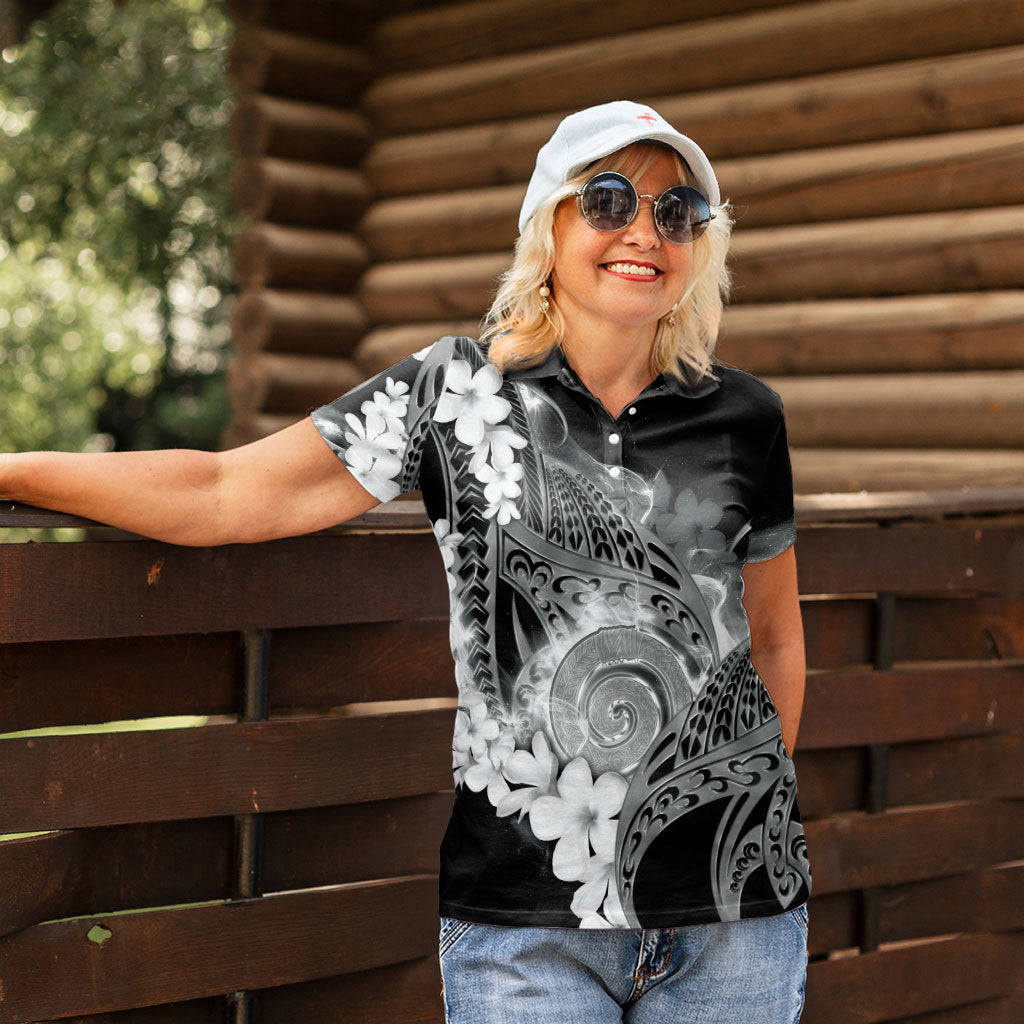 Piko Hawaiian Women Polo Shirt Monochrome Galaxy Spiral Plumeria Tribal Patterns