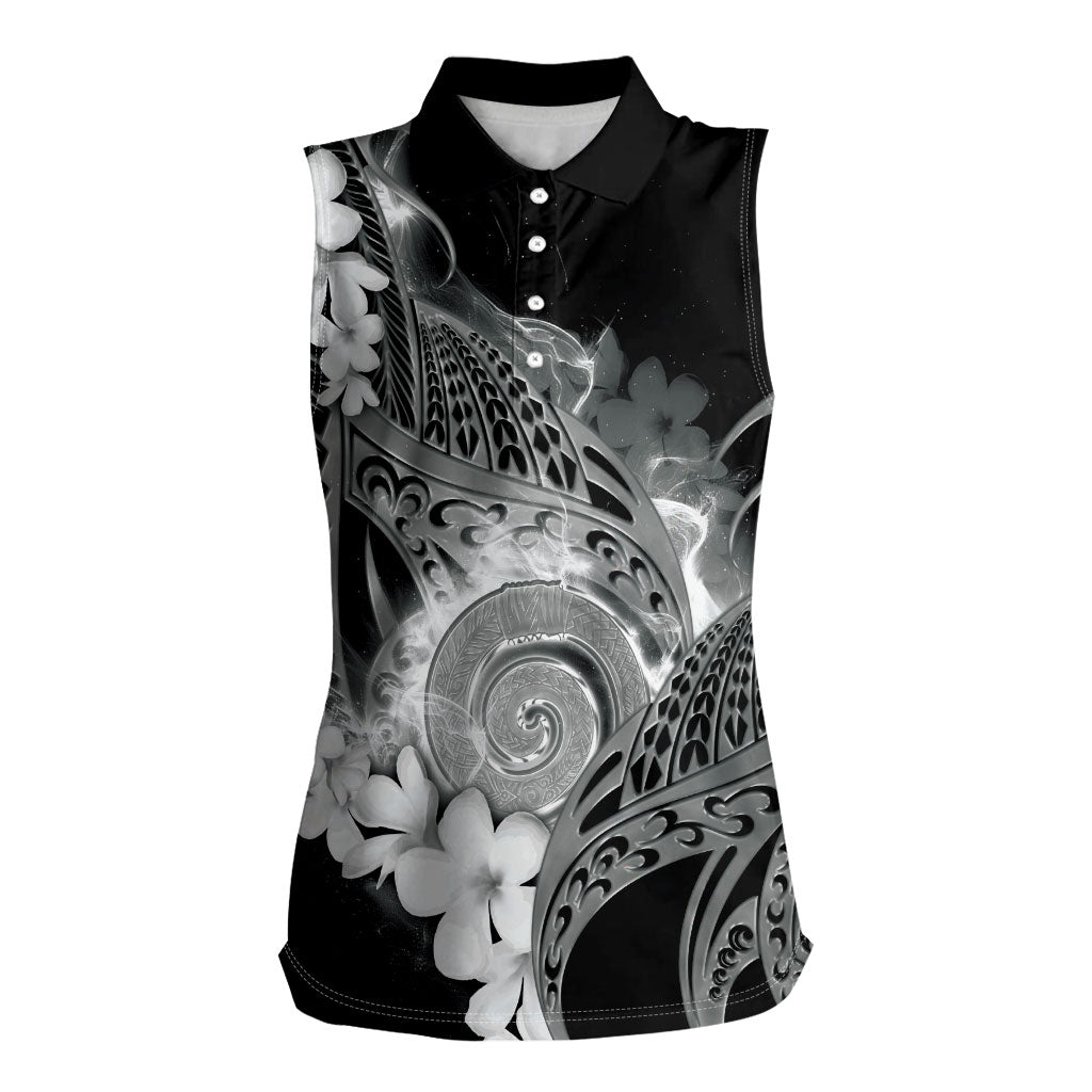 Piko Hawaiian Women Sleeveless Polo Shirt Monochrome Galaxy Spiral Plumeria Tribal Patterns