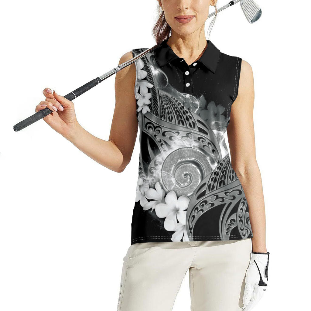 Piko Hawaiian Women Sleeveless Polo Shirt Monochrome Galaxy Spiral Plumeria Tribal Patterns