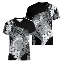 Piko Hawaiian Women V-Neck T-Shirt Monochrome Galaxy Spiral Plumeria Tribal Patterns