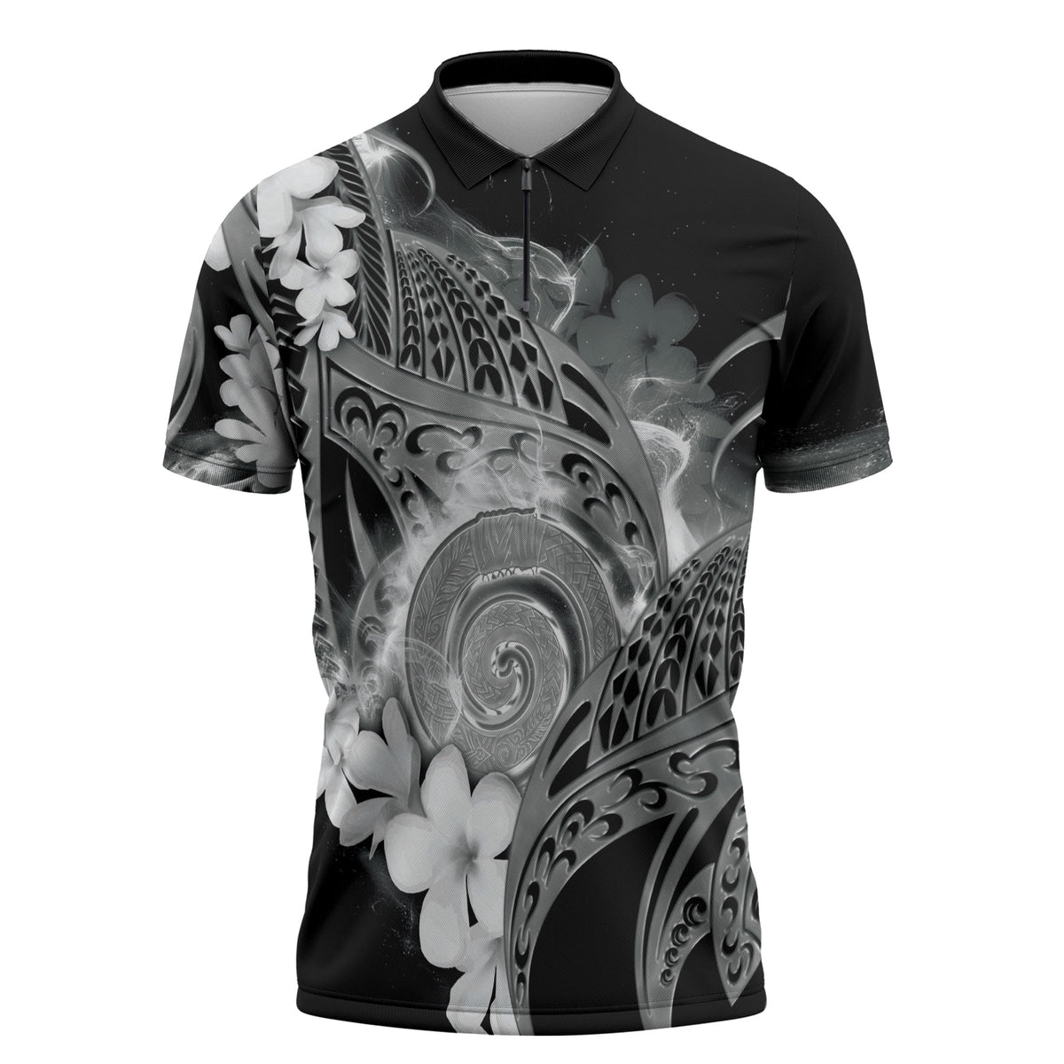 Piko Hawaiian Zipper Polo Shirt Monochrome Galaxy Spiral Plumeria Tribal Patterns