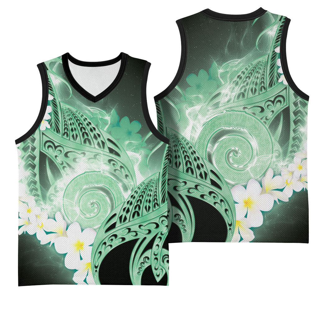 Piko Hawaiian Basketball Jersey Green Galaxy Spiral Plumeria Tribal Patterns