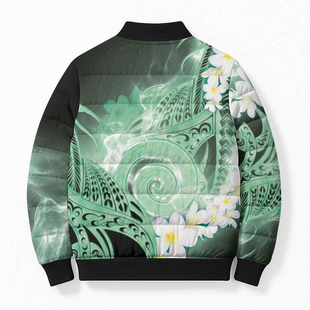Piko Hawaiian Bomber Puffer Jacket Green Galaxy Spiral Plumeria Tribal Patterns