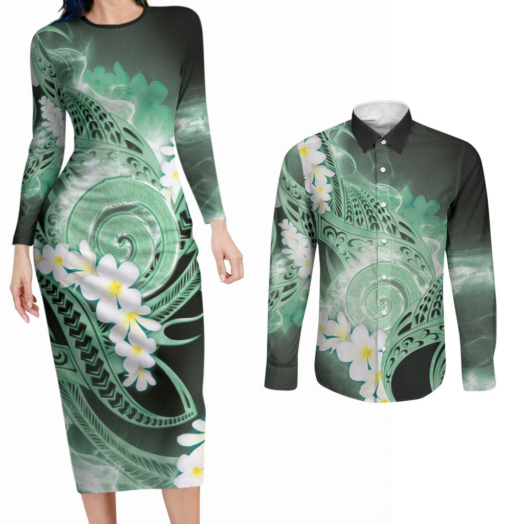 Piko Hawaiian Couples Matching Long Sleeve Bodycon Dress and Long Sleeve Button Shirt Green Galaxy Spiral Plumeria Tribal Patterns