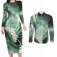 Piko Hawaiian Couples Matching Long Sleeve Bodycon Dress and Long Sleeve Button Shirt Green Galaxy Spiral Plumeria Tribal Patterns