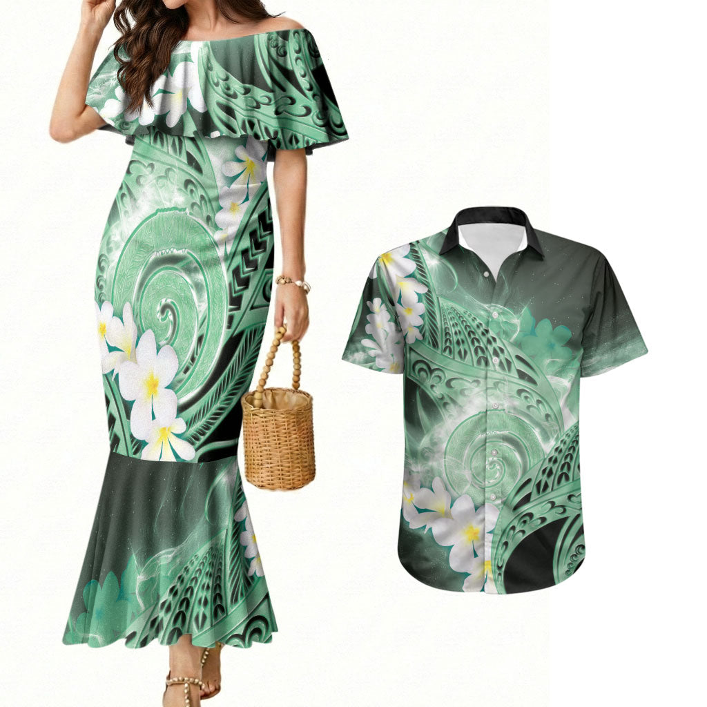 Piko Hawaiian Couples Matching Mermaid Dress and Hawaiian Shirt Green Galaxy Spiral Plumeria Tribal Patterns