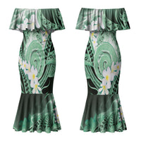 Piko Hawaiian Couples Matching Mermaid Dress and Long Sleeve Button Shirt Green Galaxy Spiral Plumeria Tribal Patterns