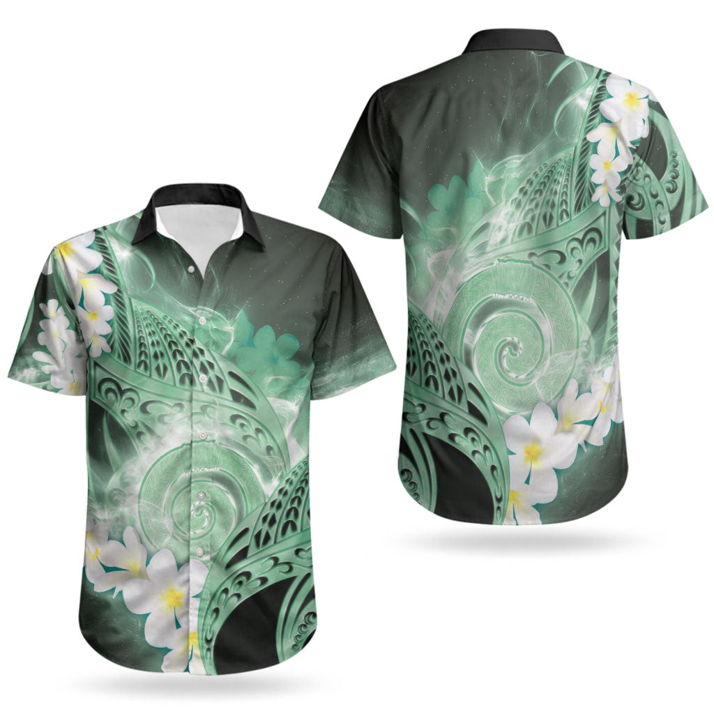 Piko Hawaiian Couples Matching Off Shoulder Maxi Dress and Hawaiian Shirt Green Galaxy Spiral Plumeria Tribal Patterns