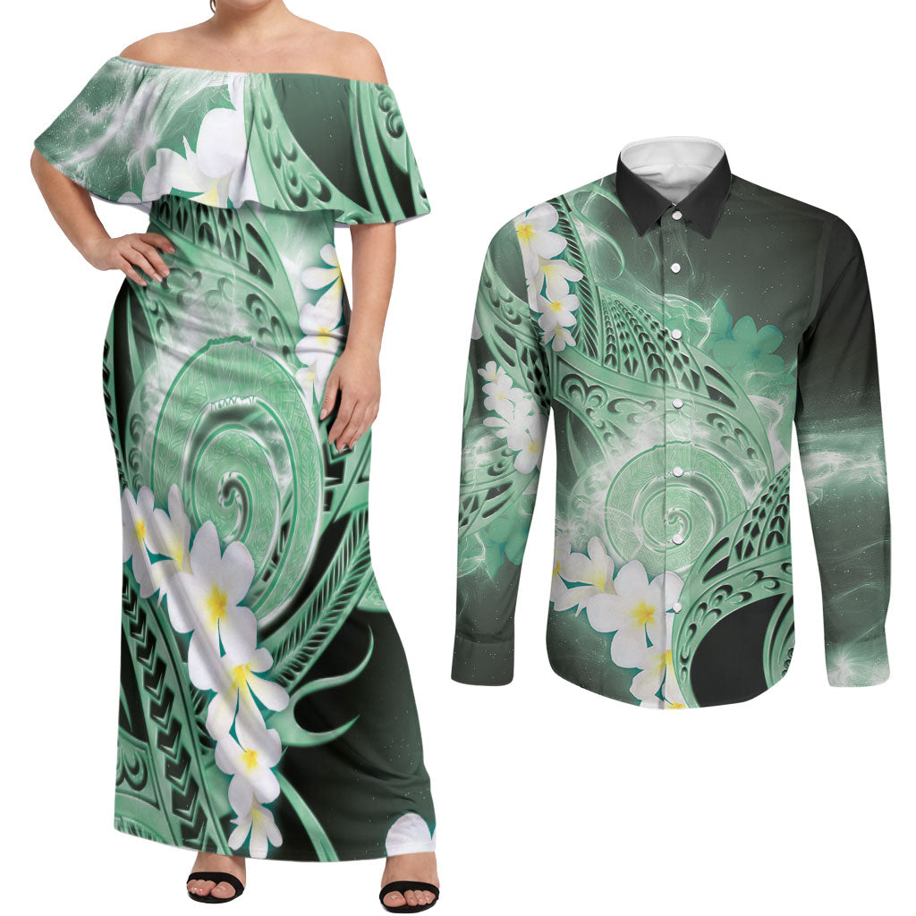 Piko Hawaiian Couples Matching Off Shoulder Maxi Dress and Long Sleeve Button Shirt Green Galaxy Spiral Plumeria Tribal Patterns