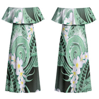 Piko Hawaiian Couples Matching Off Shoulder Maxi Dress and Long Sleeve Button Shirt Green Galaxy Spiral Plumeria Tribal Patterns